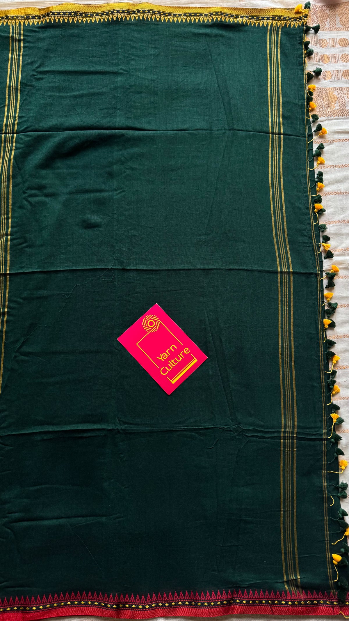 Handloom Bengal soft cotton saree, dark green with yellow and red woven dual tone borders - YCBCMCSE41
