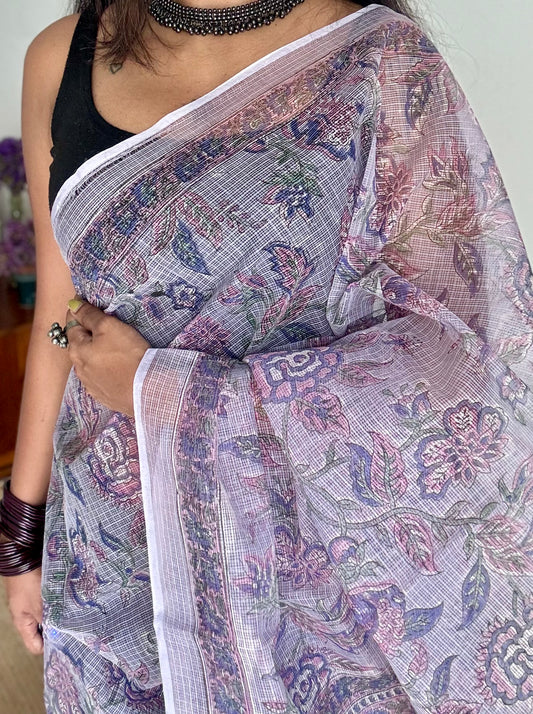 Phoolon Ki Chadar - soft lilac floral kota doria saree - YCTORKDAP04