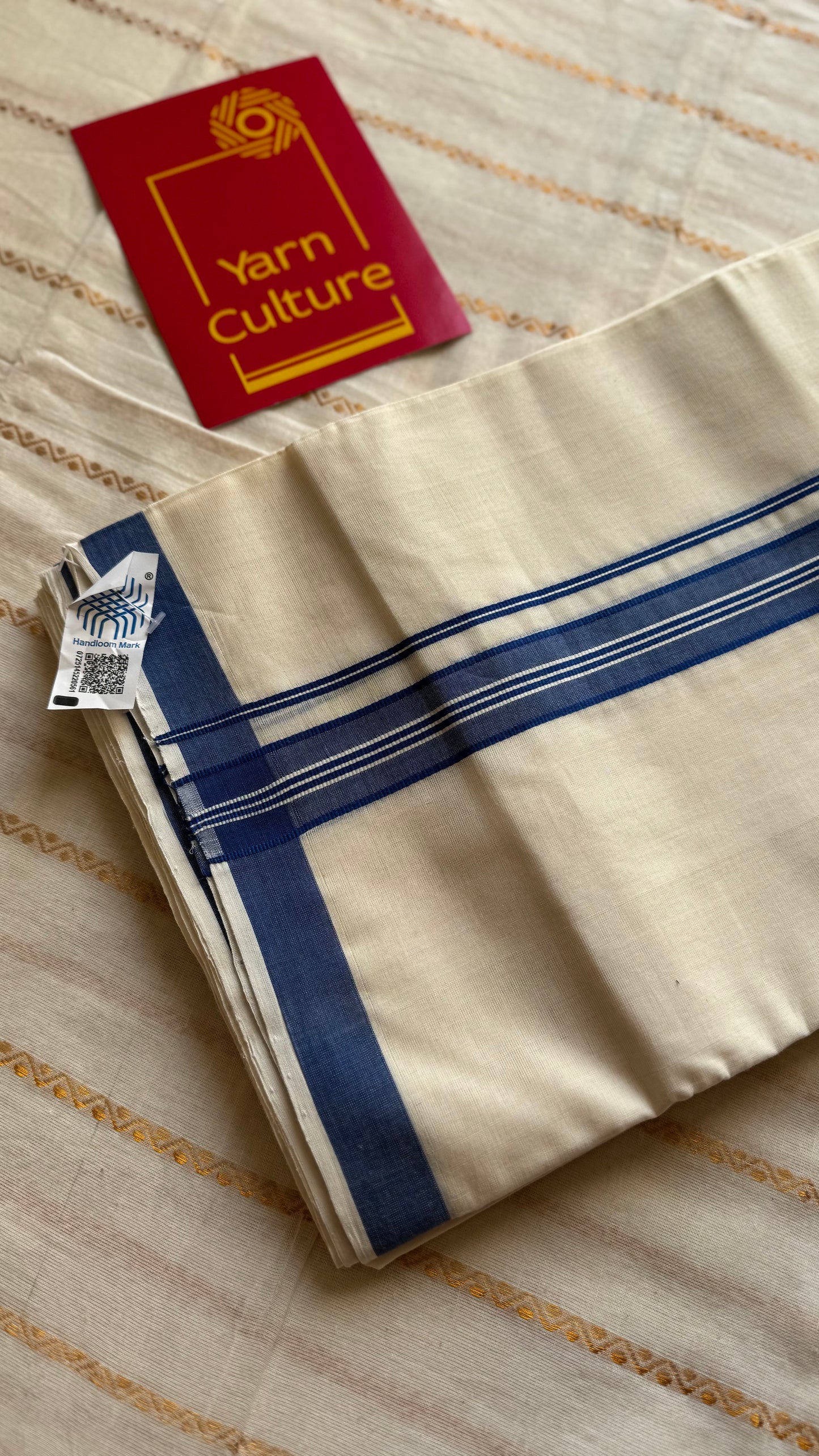 Ivory Chendamangalam Handloom Double Mundu with Blue Kara | Soft Cotton Men's Dhoti - YCMSEIE172
