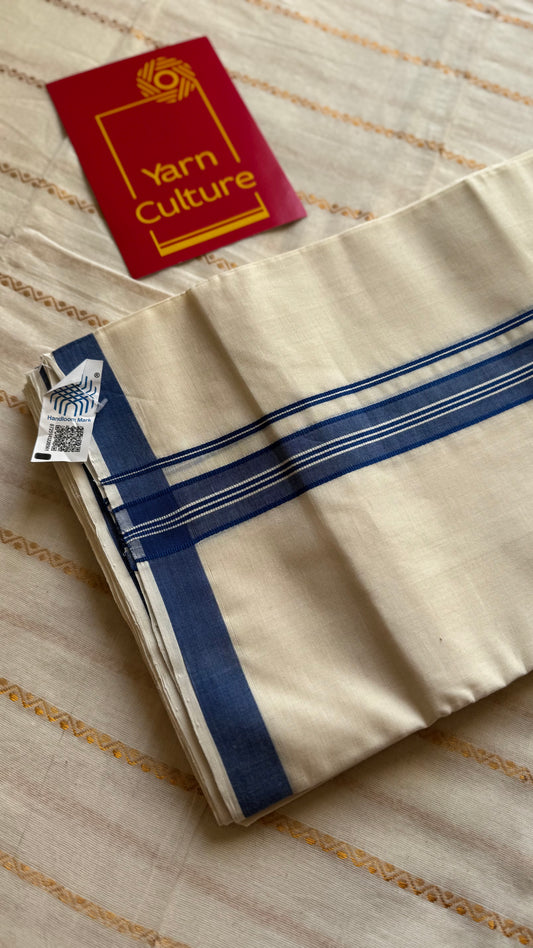 Ivory Chendamangalam Handloom Double Mundu with Blue Kara | Soft Cotton Men's Dhoti - YCMSEIE172