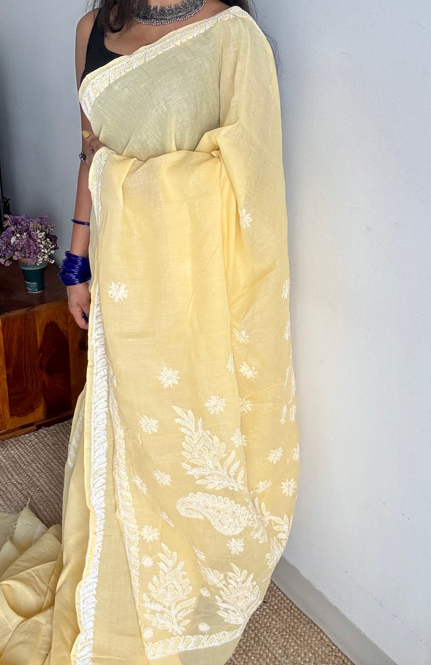 Ziya - light canary yellow hand-embroidered chikankari cotton saree - YCLCKFE417