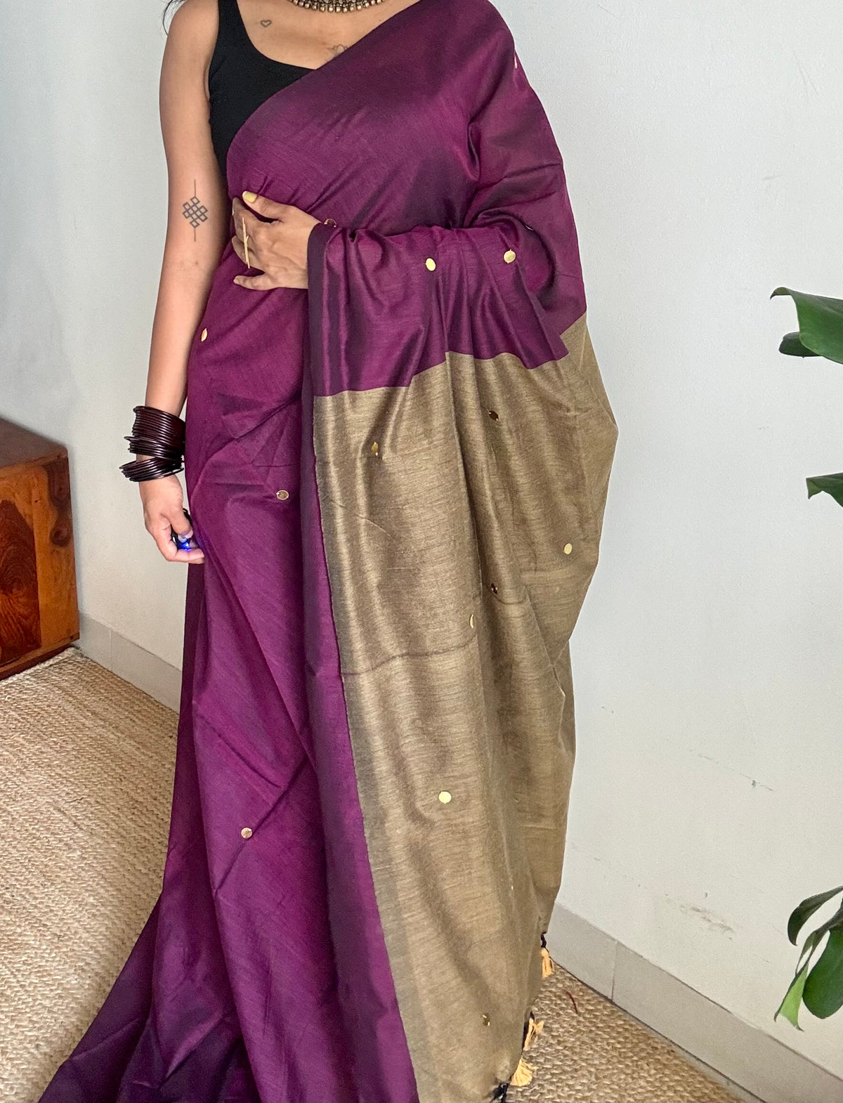 Wine with warm grey contrast pallu, gini sequins, soft cotton saree - YCBCSCOC02