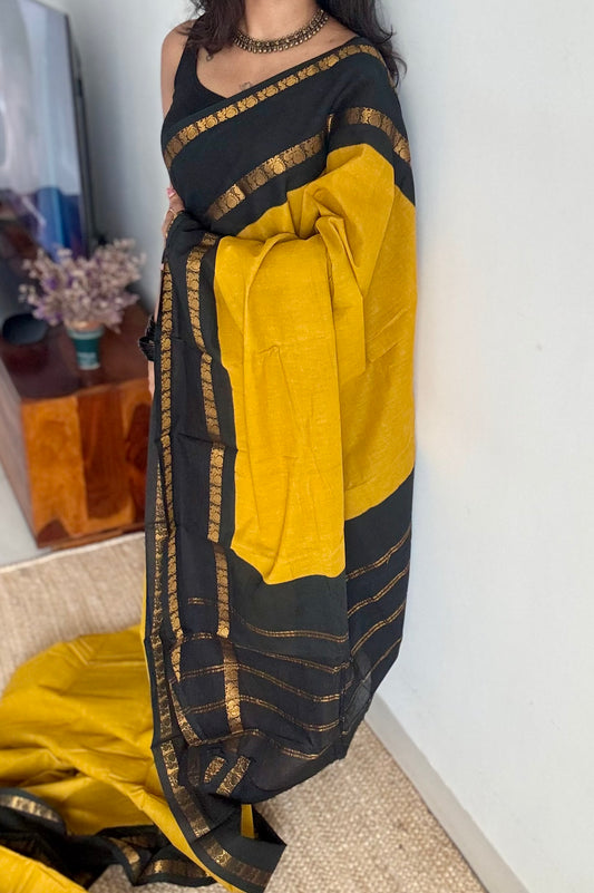 Turmeric yellow with black, rettaipettu sungudi, soft cotton - YCCOTNJSUN06