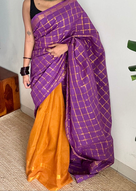 Purple with turmeric yellow, sungudi cotton half-half saree - YCCOTNIDOC14