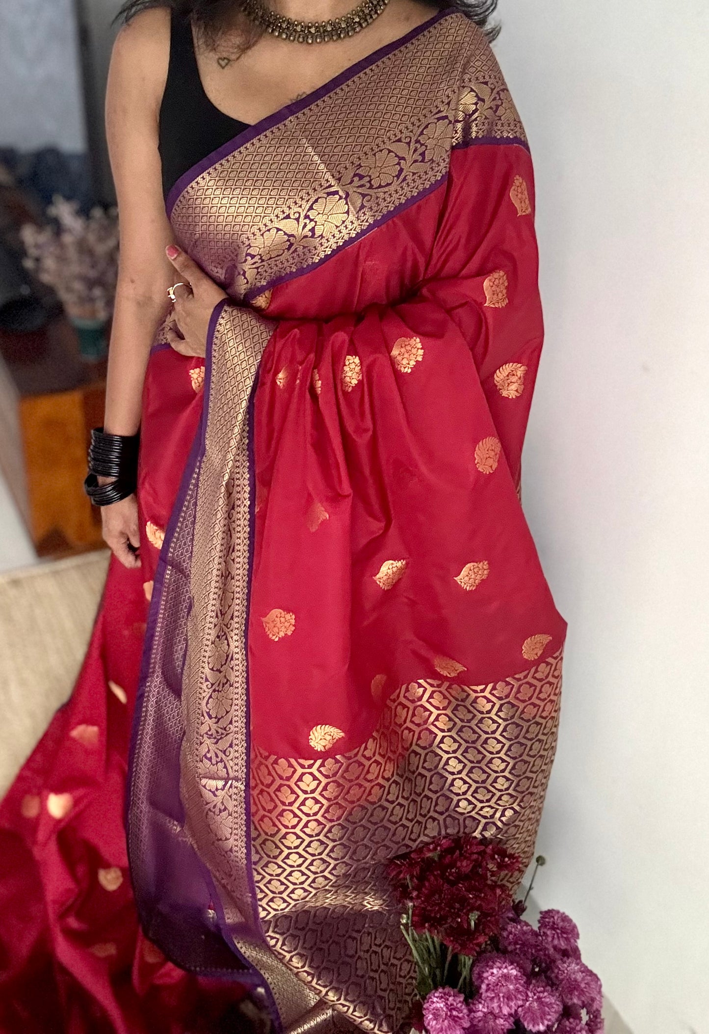 Ragini - crimson red with purple, handloom korvai semi silk - YCCOTNFEJUKS04