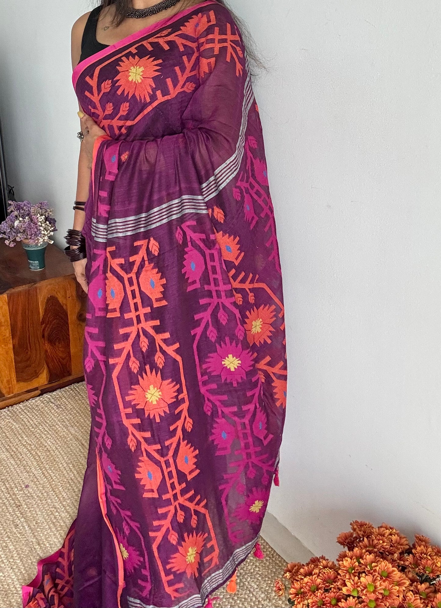 Purple with pink and orange jamdani saree in mul cotton - YCBCJDFE384