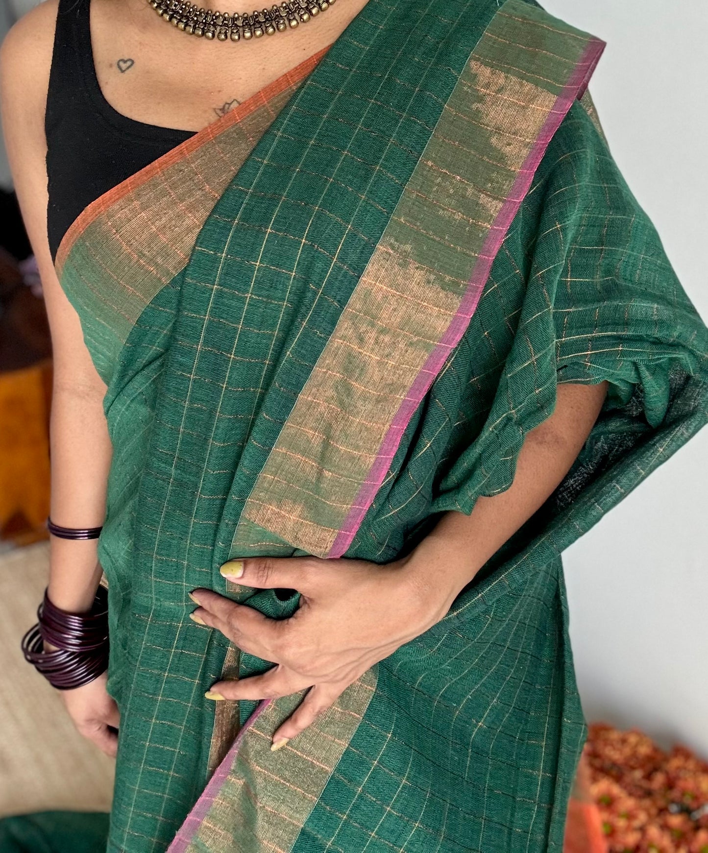 Green linen by cotton saree, gold checks & copper zari pallu - YCBCLCAP56