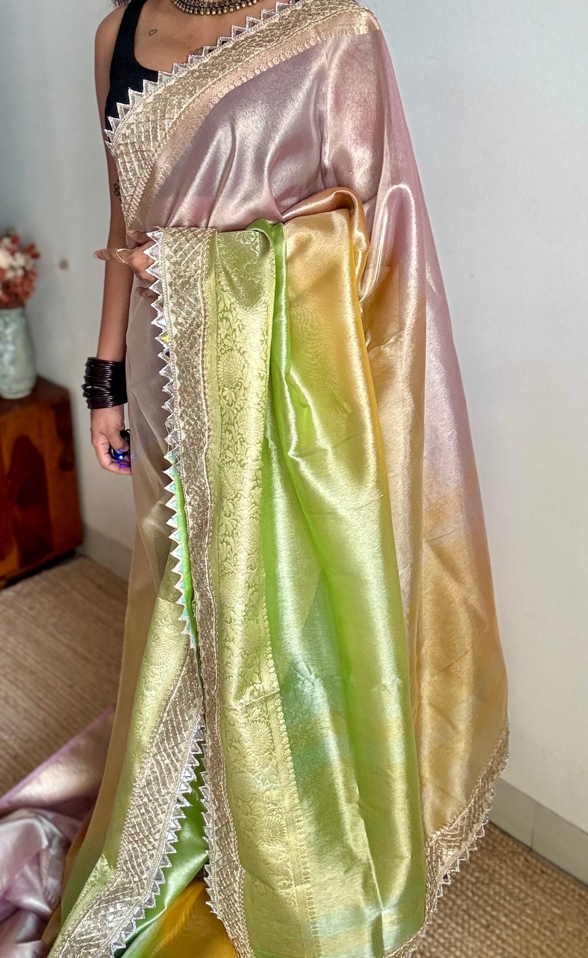 Pastel pink, green and yellow tissue Banarasi saree with embellished mirror border - YCBLTOC73