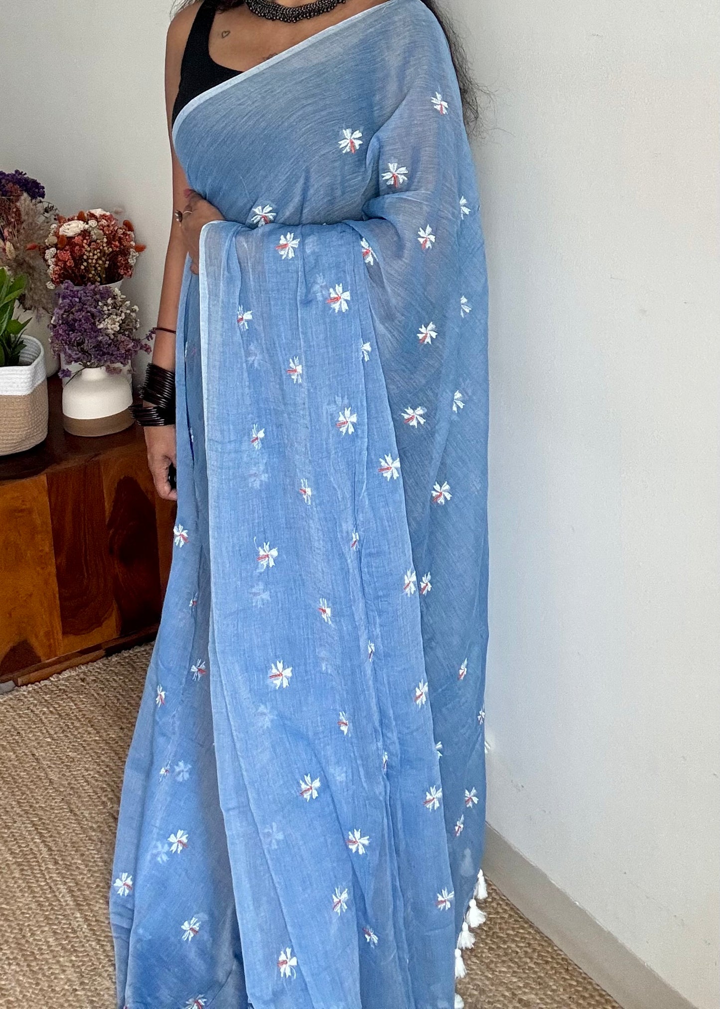 Soft blue parijat mul cotton saree  - YCBCMCAP30