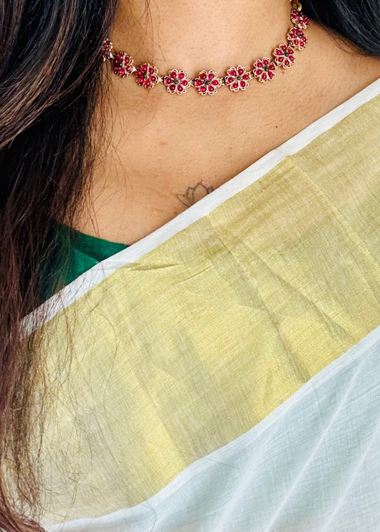 Ruby with green bead, floral pendant neckpiece with earrings - YCGPNP764