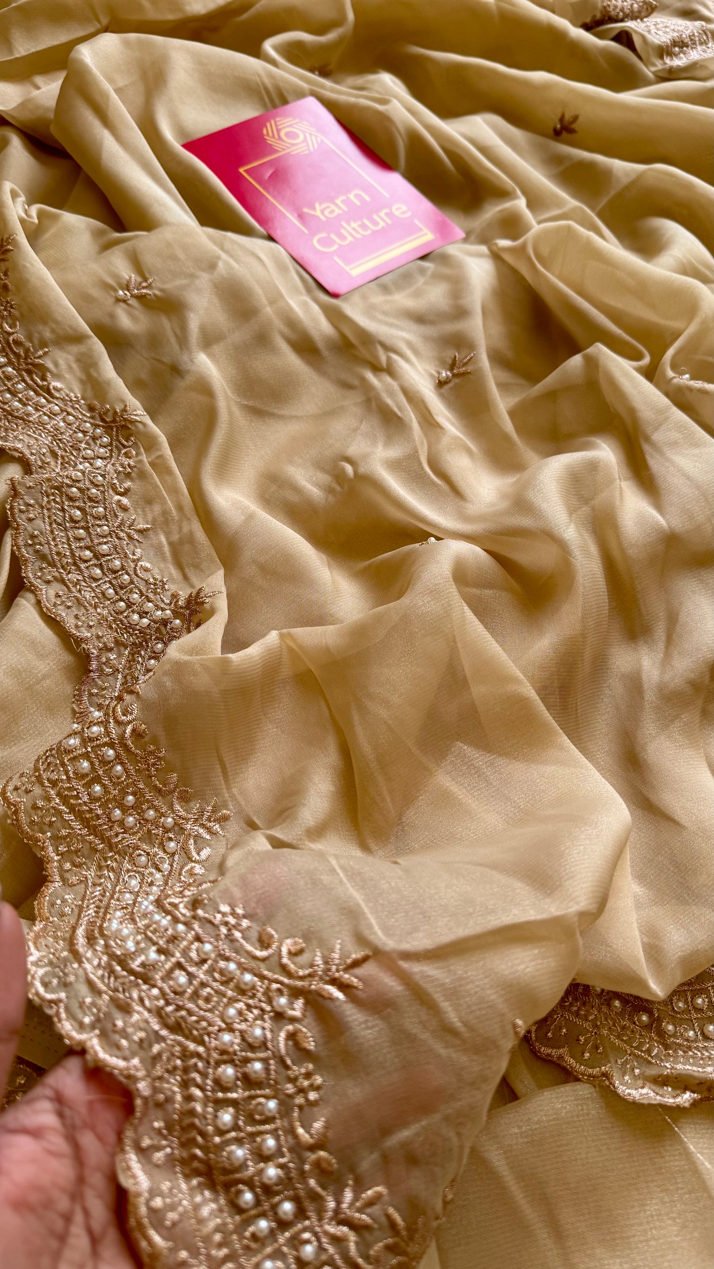 Gold soft chiffon saree, with pearl embellished border - YCIEON85