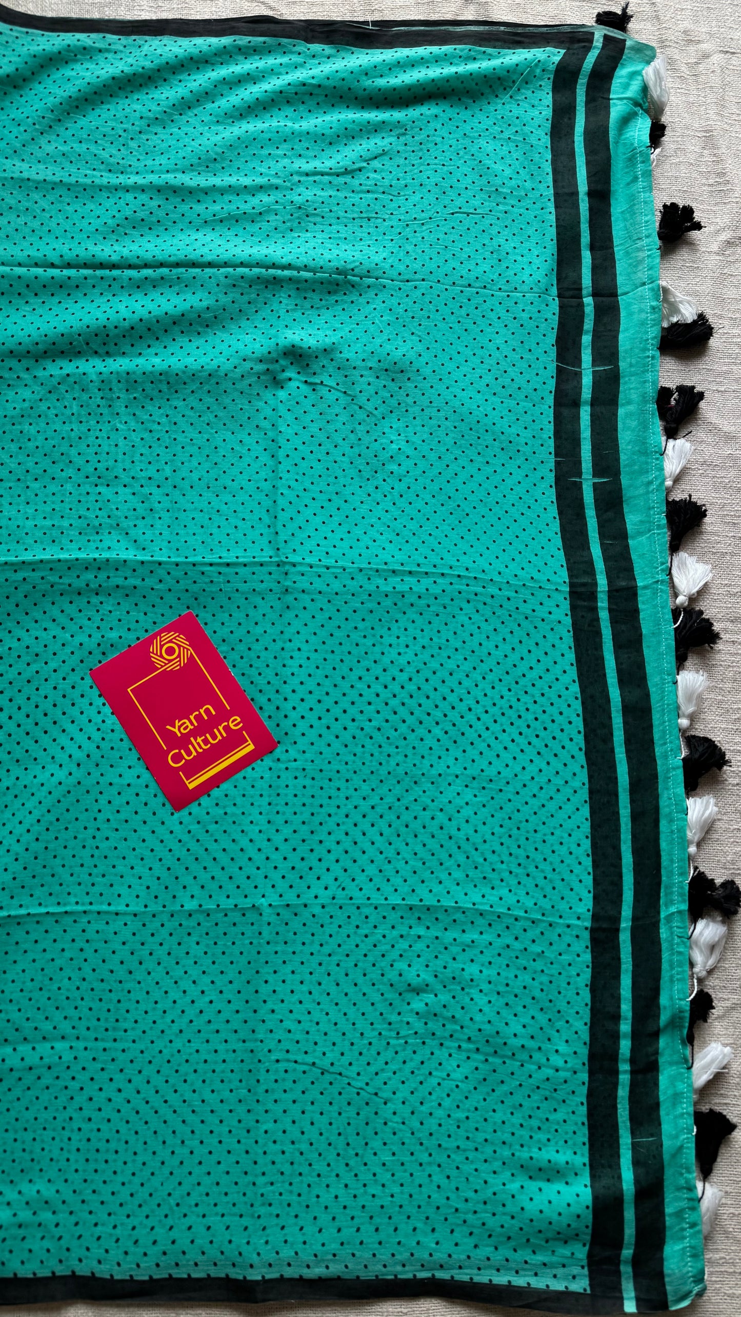 Turquoise blue with polka dots mul cotton saree  - YCBCMCAP52
