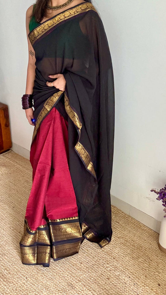 Maroon - Black unstitched half saree material (dhavani), kanchi cotton - YCIEHS210