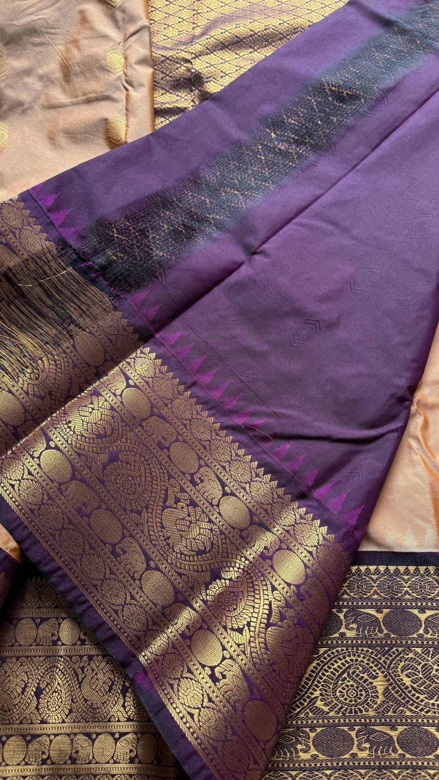 Mohini - beige with deep wine purple, handloom korvai semi silk - YCCOTNFEJUKS06