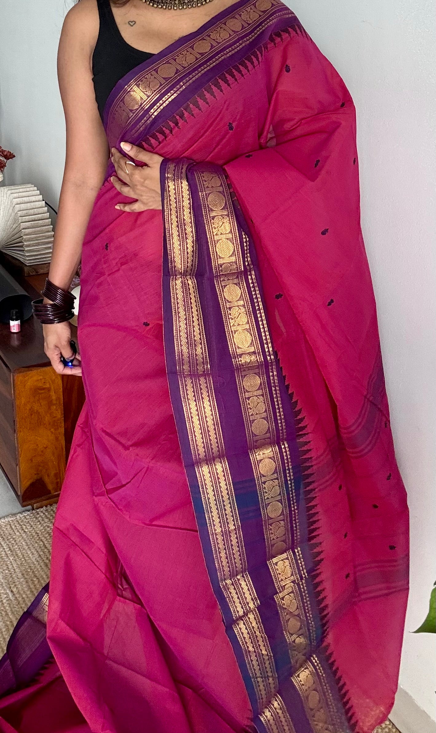 Magenta pink and purple contrast, kanchi cotton saree - YCCOTNMA324