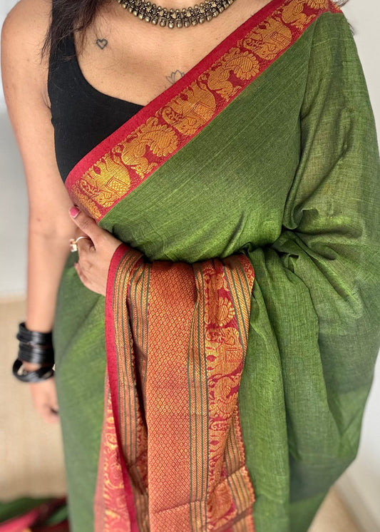 Green with broad zari border, premium narayanpet, soft cotton - YCWOTDFEBB06