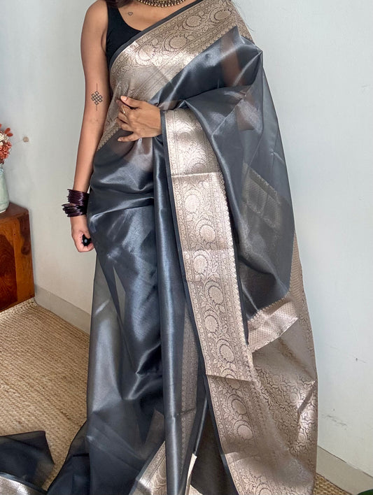 Grey tissue Banarasi saree with zari border - YCBLTOC91