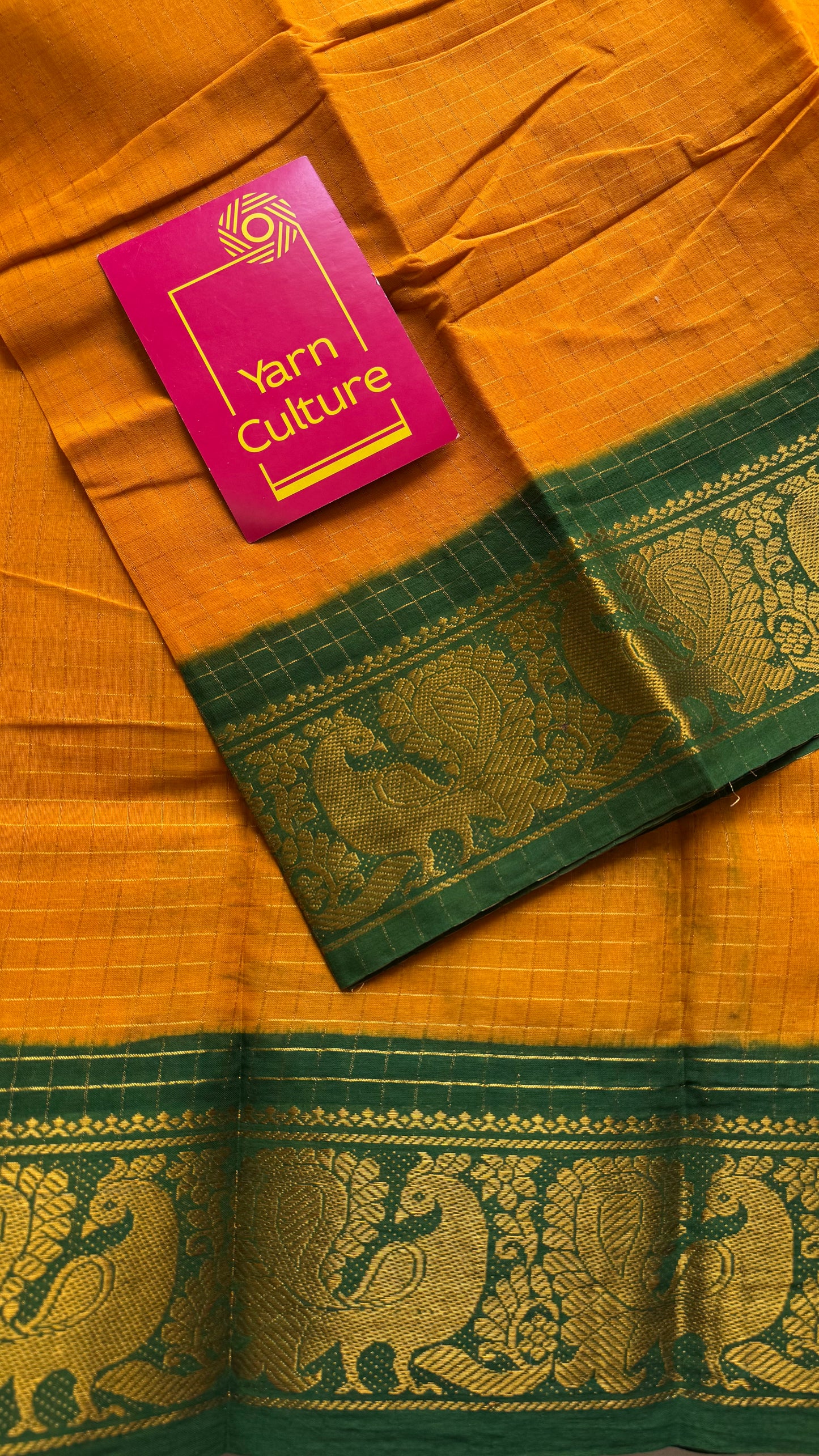 Mango yellow with green contrast zari checkered sungudi, kattuchayam dyed madurai cotton - YCCOTNMSAP181
