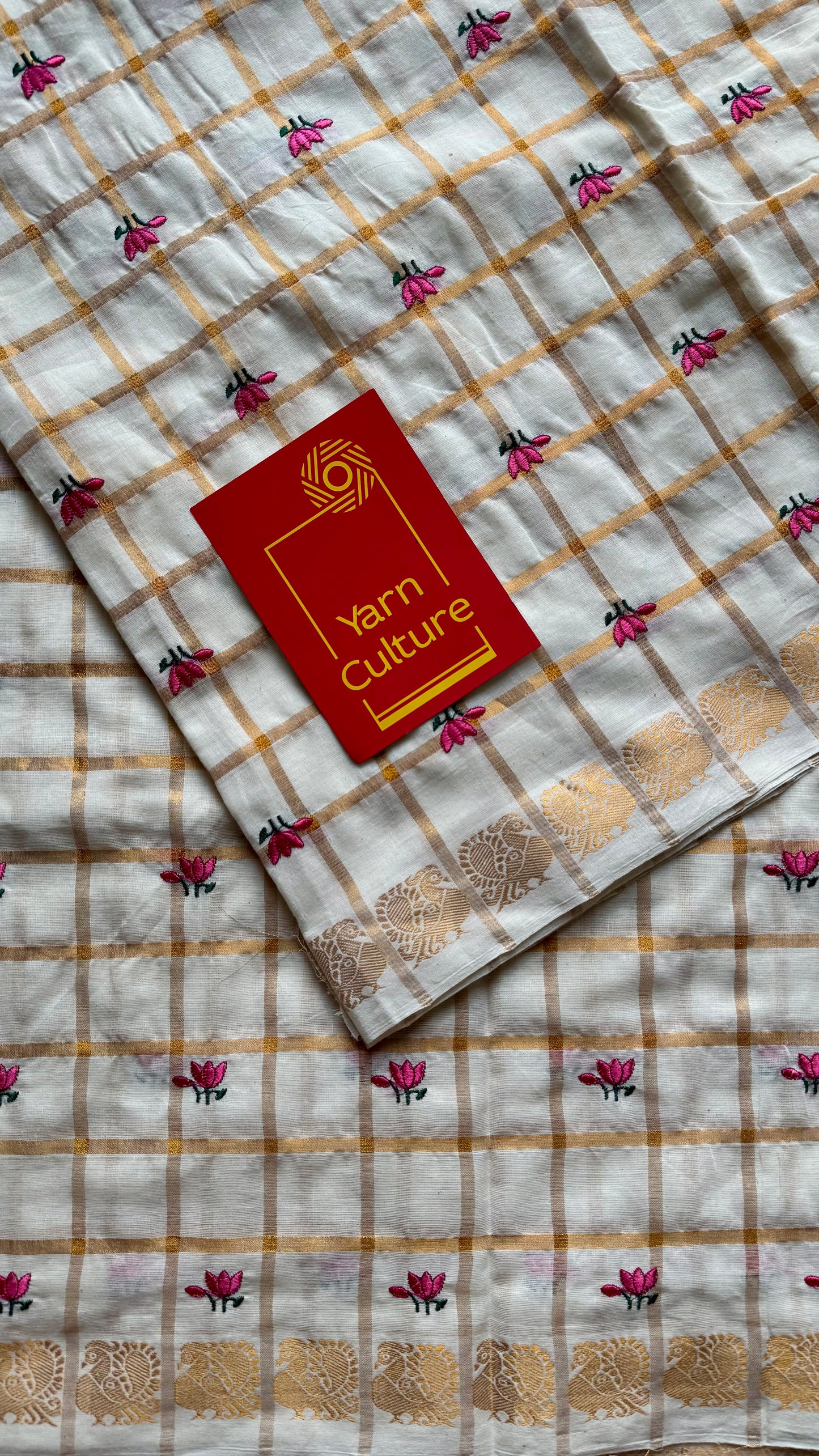 Sradha : Thaamara Kattam - pink lotus embroidery, ivory & gold, soft cotton - YCIEON167