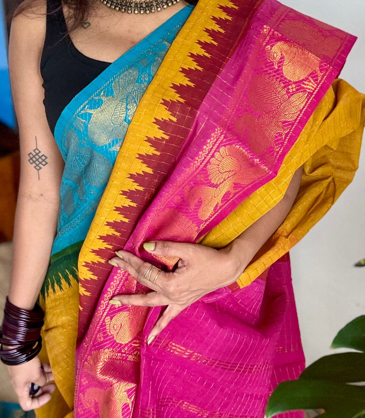 Sungudi cotton checks, mustard yellow base, blue and hot pink dual tone border, soft cotton - YCCOTNMSSE09