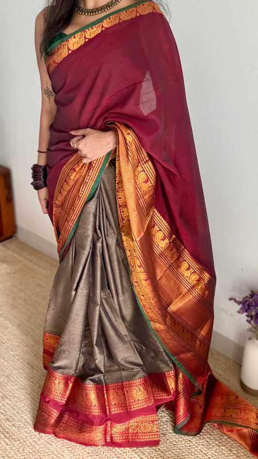 Grey - Maroon unstitched half saree material (dhavani), narayanpet cotton - YCIEHS217