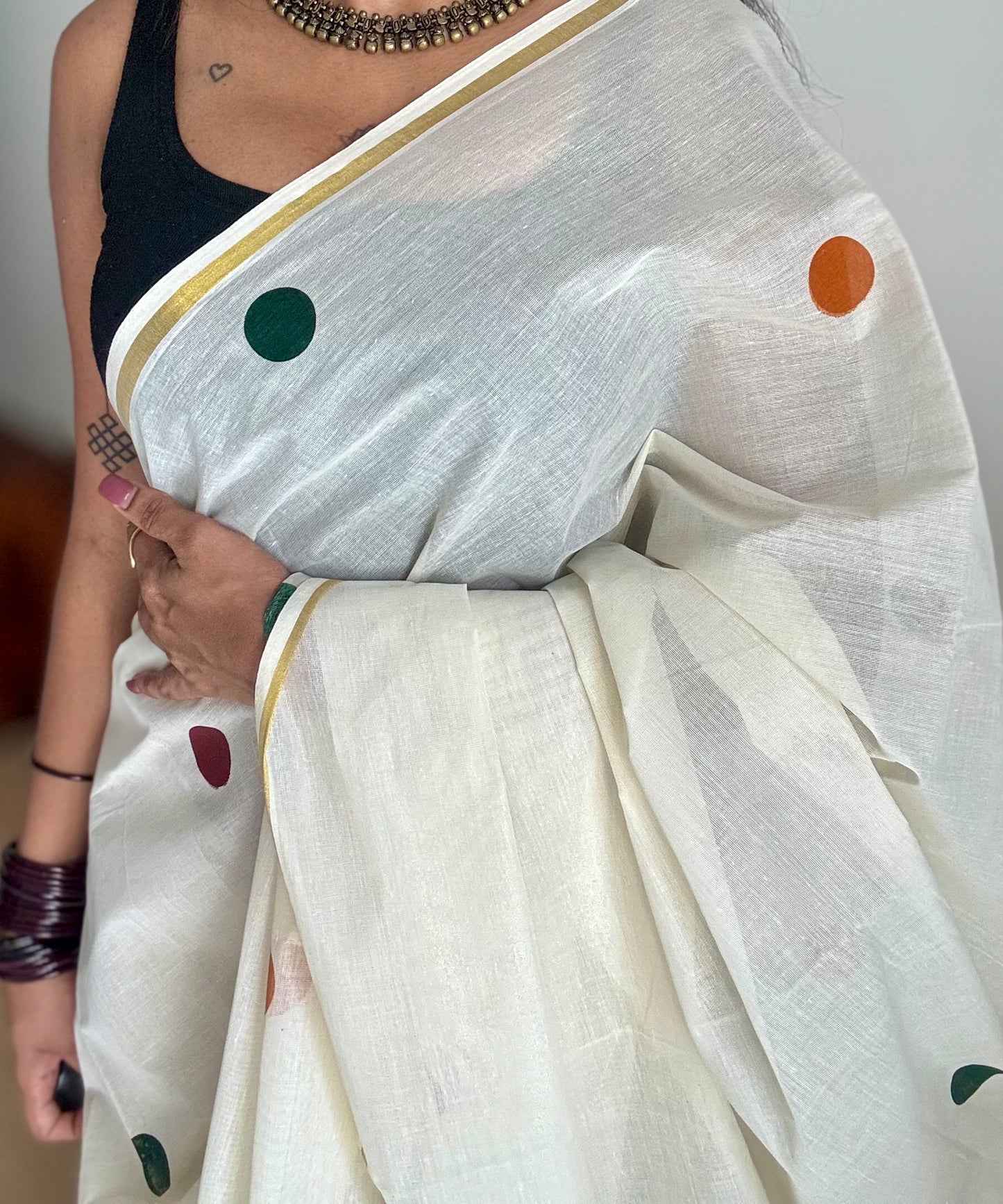 Ivory and gold soft cotton thin border kasavu saree, maroon, green and mustard polka - YCIEON74