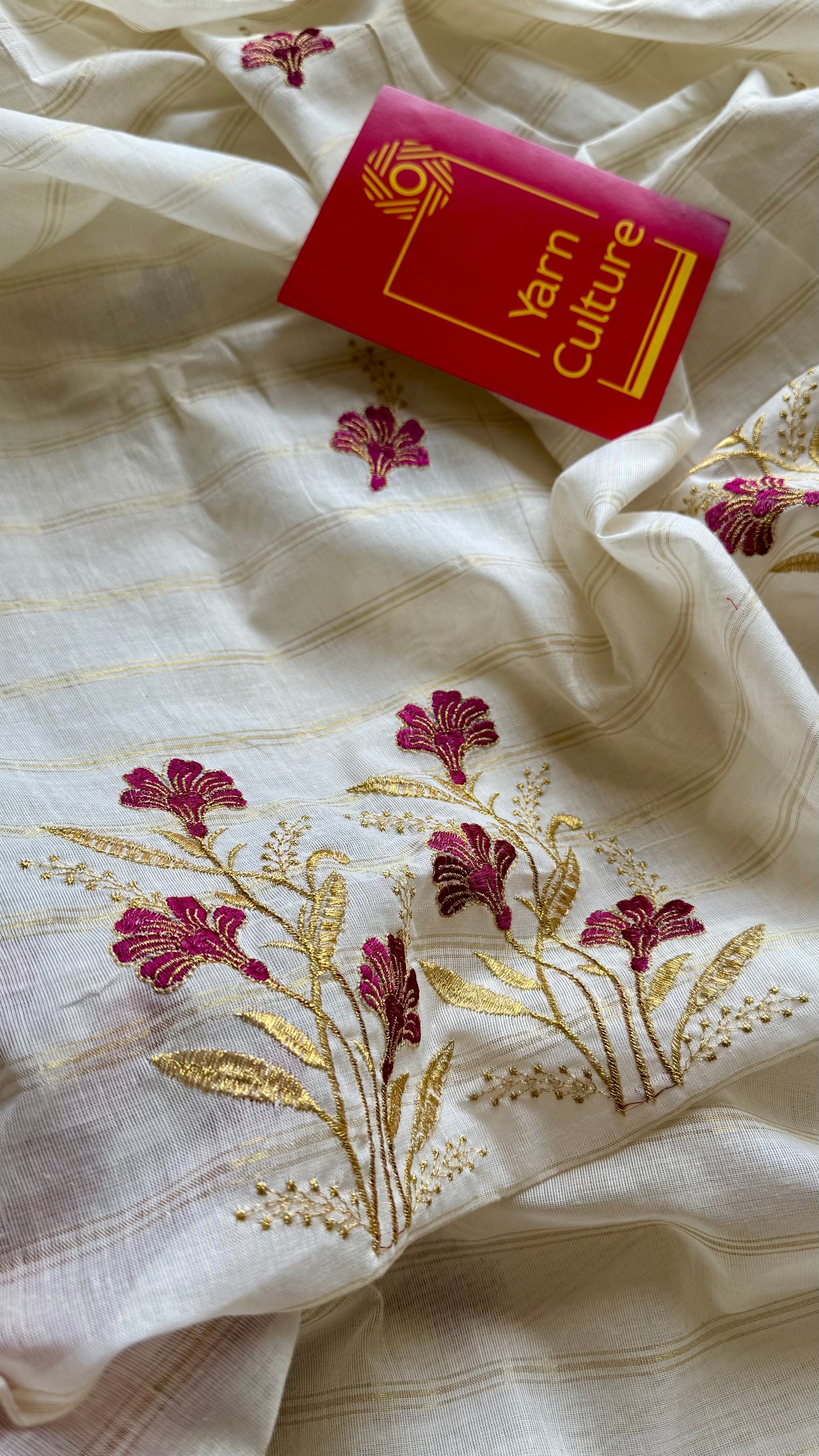 Ivory and gold soft cotton saree, maroon floral embroidery  - YCIEON50
