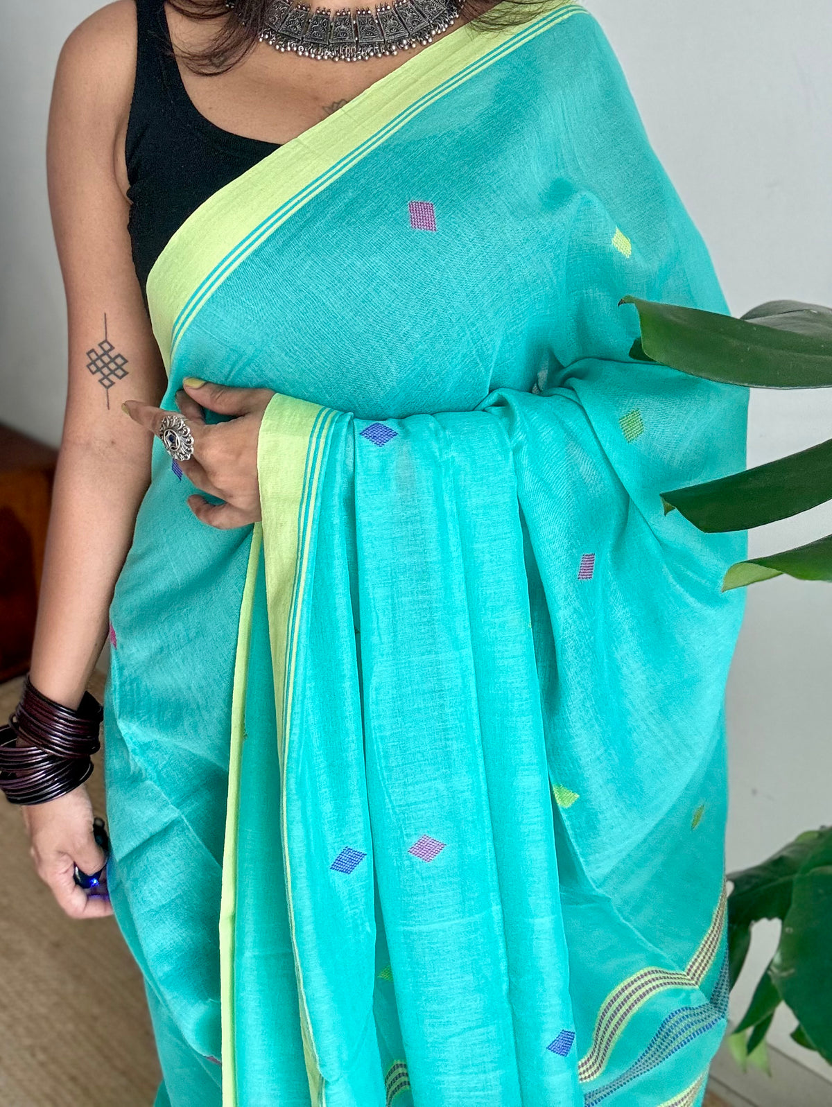 Handloom Bengal soft cotton saree, turquoise with woven buttas and lime green borders - YCBCMCSE38