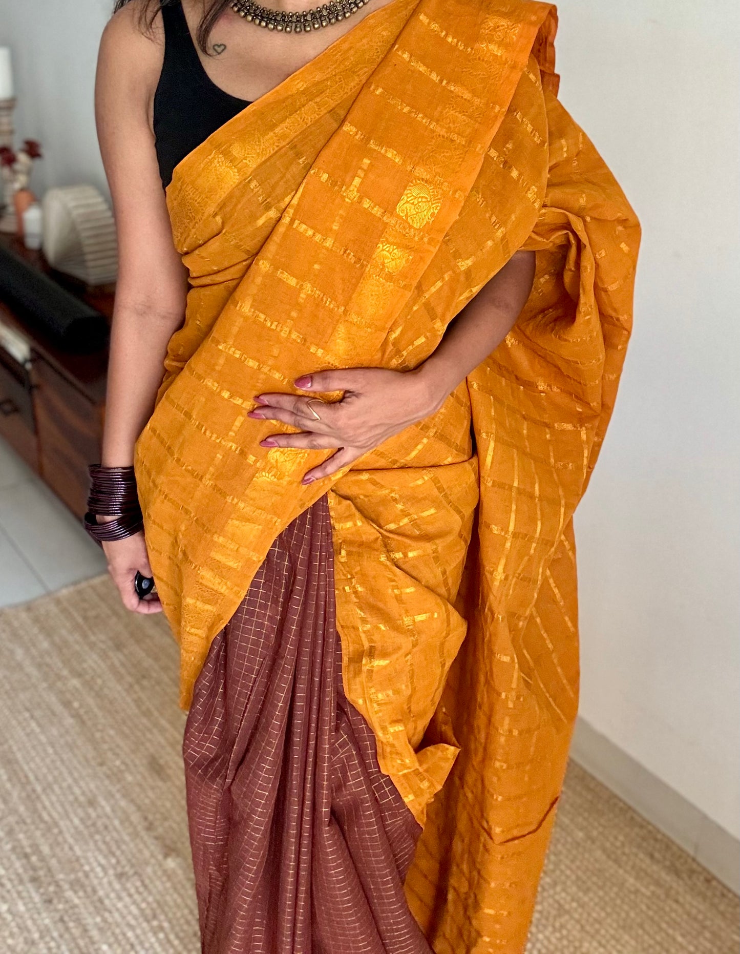 Turmeric yellow with brown, sungudi cotton half-half saree - YCCOTNIDMA314