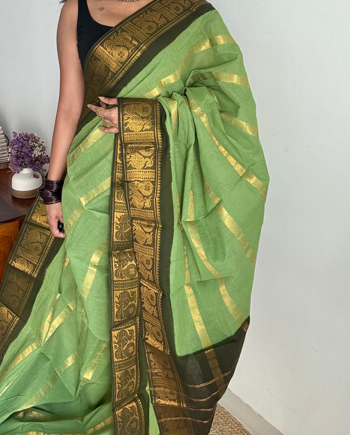 Light pista green with dark green, multi peacock motif lines, kattuchayam dyed sungudi cotton - YCCOTNJUCC13