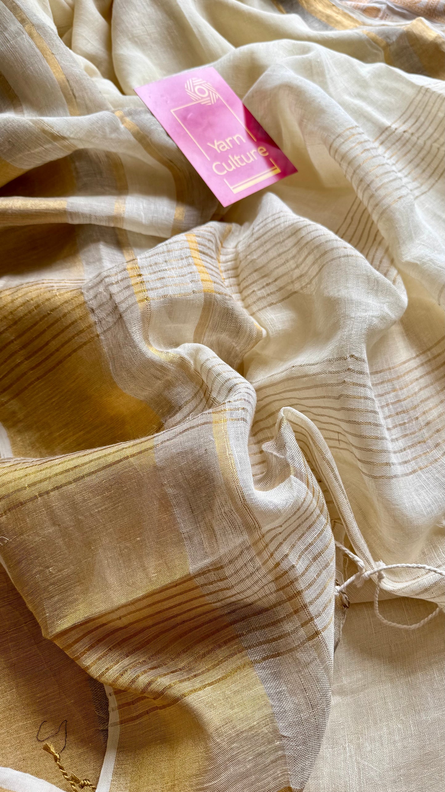 Pure ivory linen, gold and silver zari border - YCIEON27