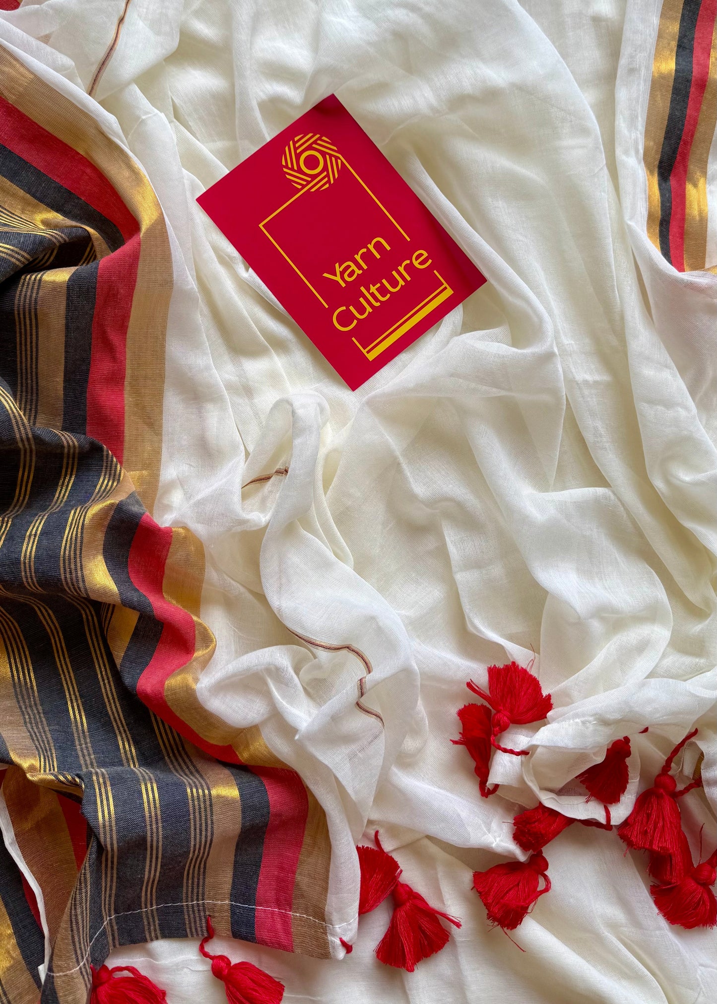Ivory mul saree, red, black and gold striped border - YCIEON36