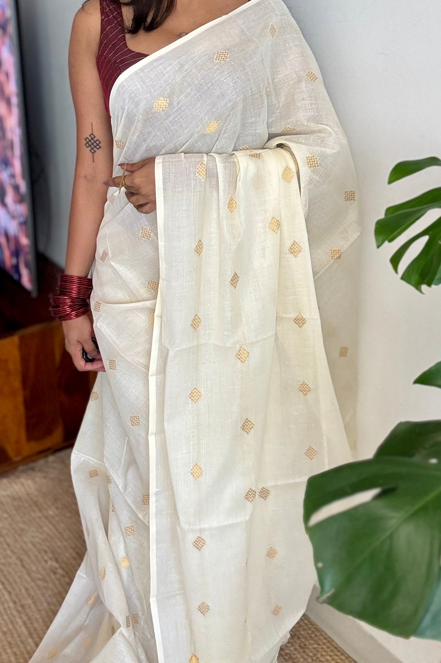 Ivory and gold kerala saree with woven buttas - YCIEON42