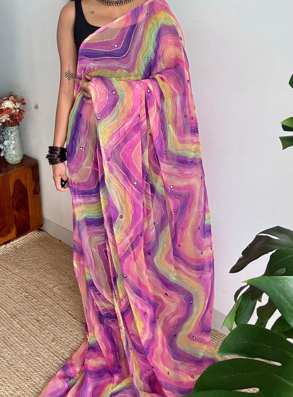 Purple pink multicoloured leheriya chiffon saree with mirror work  - YCTORLOC95