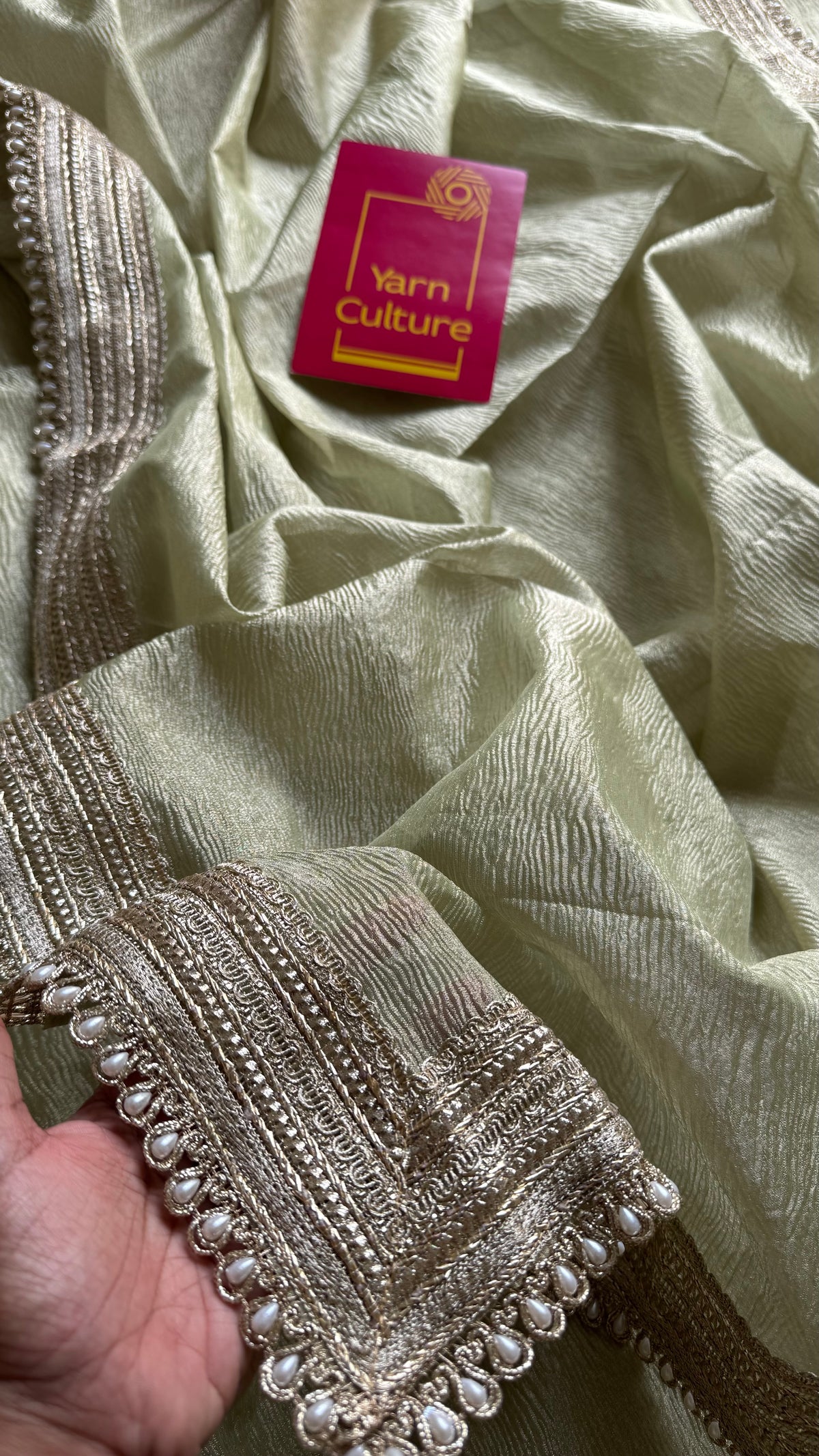 Pastel pista green crushed Banarasi tissue saree, with pearl lace border - YCBLTOC64