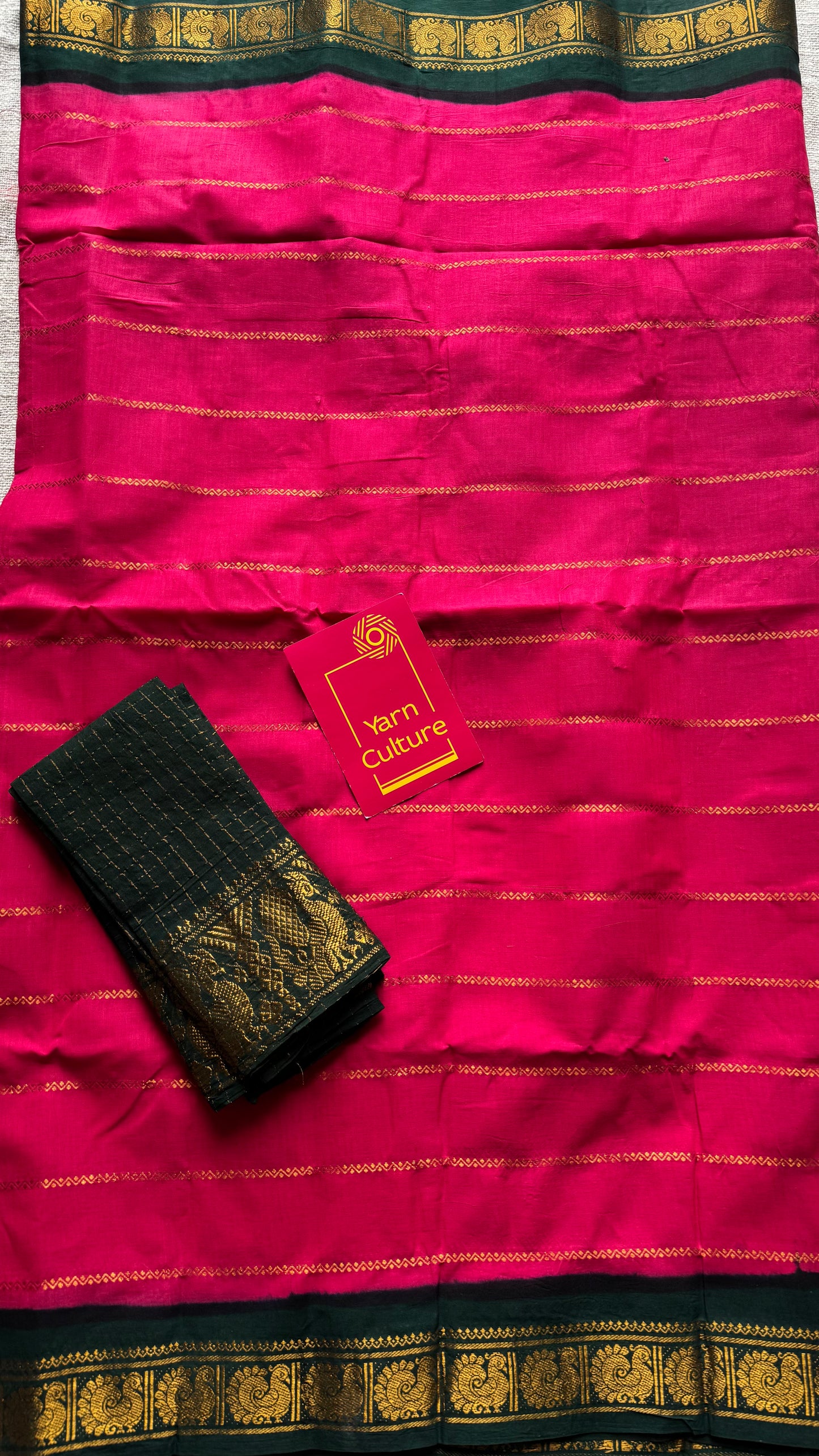 Hot pink with dark green veldhaari, kattuchayam dyed, madurai cotton - YCCOTNSEMS94