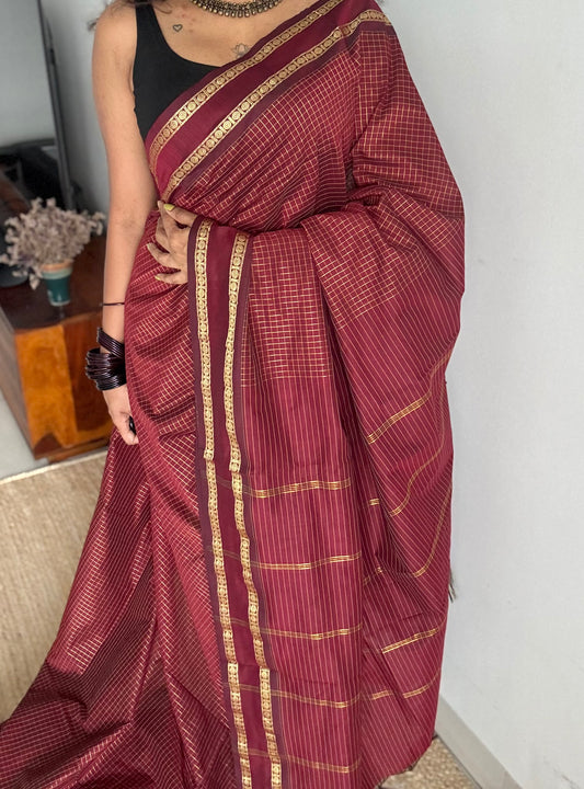 Maroonish brown, zari arani checks, cotton silk - YCCOTNOCAR36a