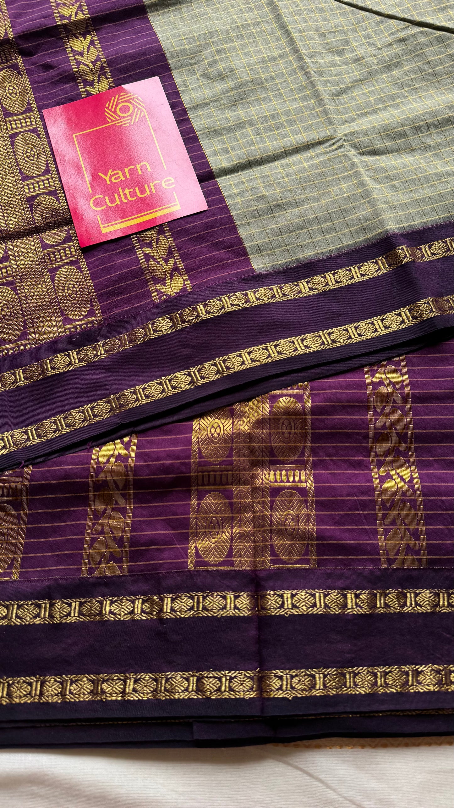 Grey with wine contrast arani checkered saree, cotton silk - YCCOTNAUG11