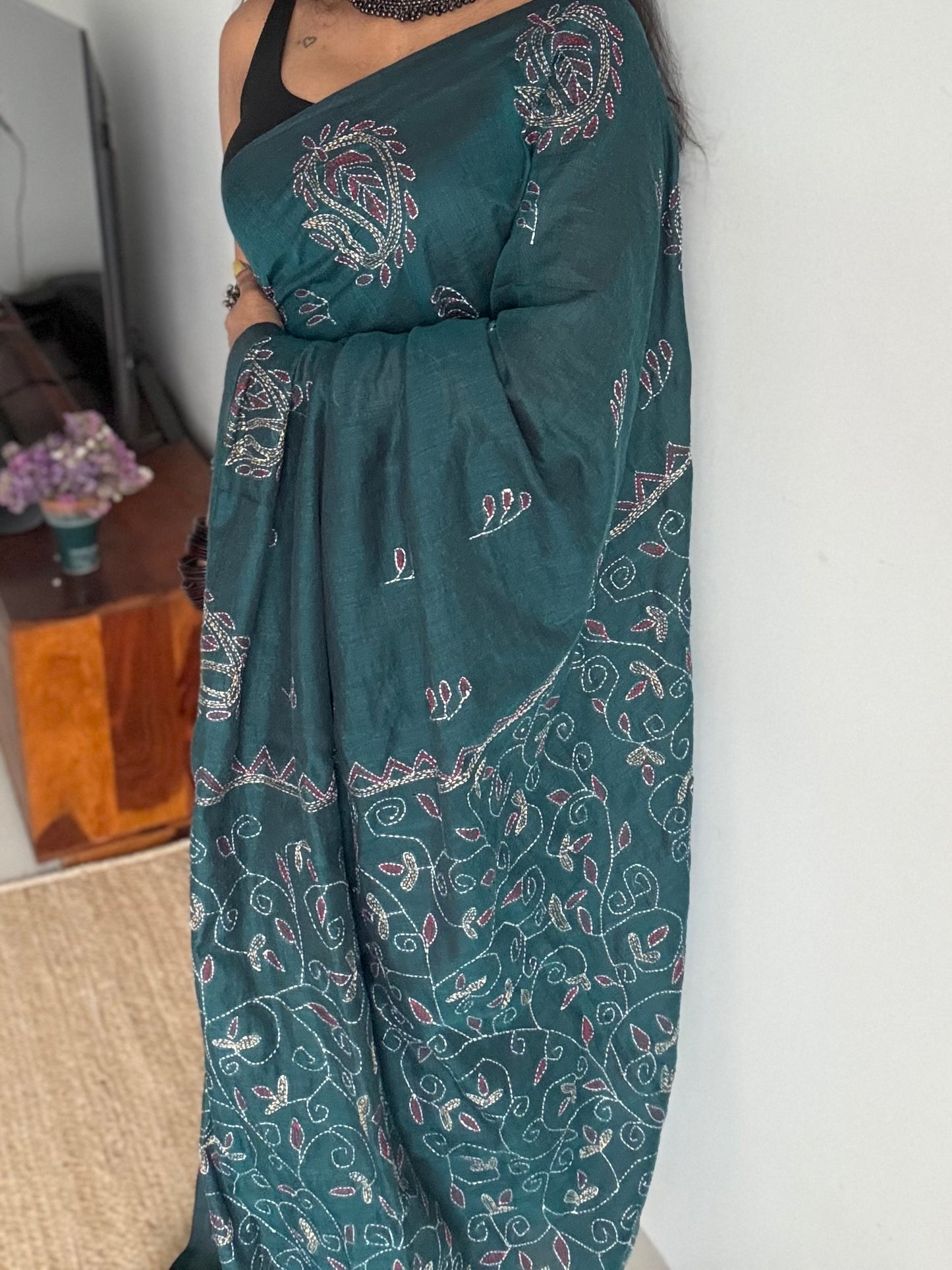 Embroidered peacock blue kantha weave in soft cotton - YCBCKKJA144