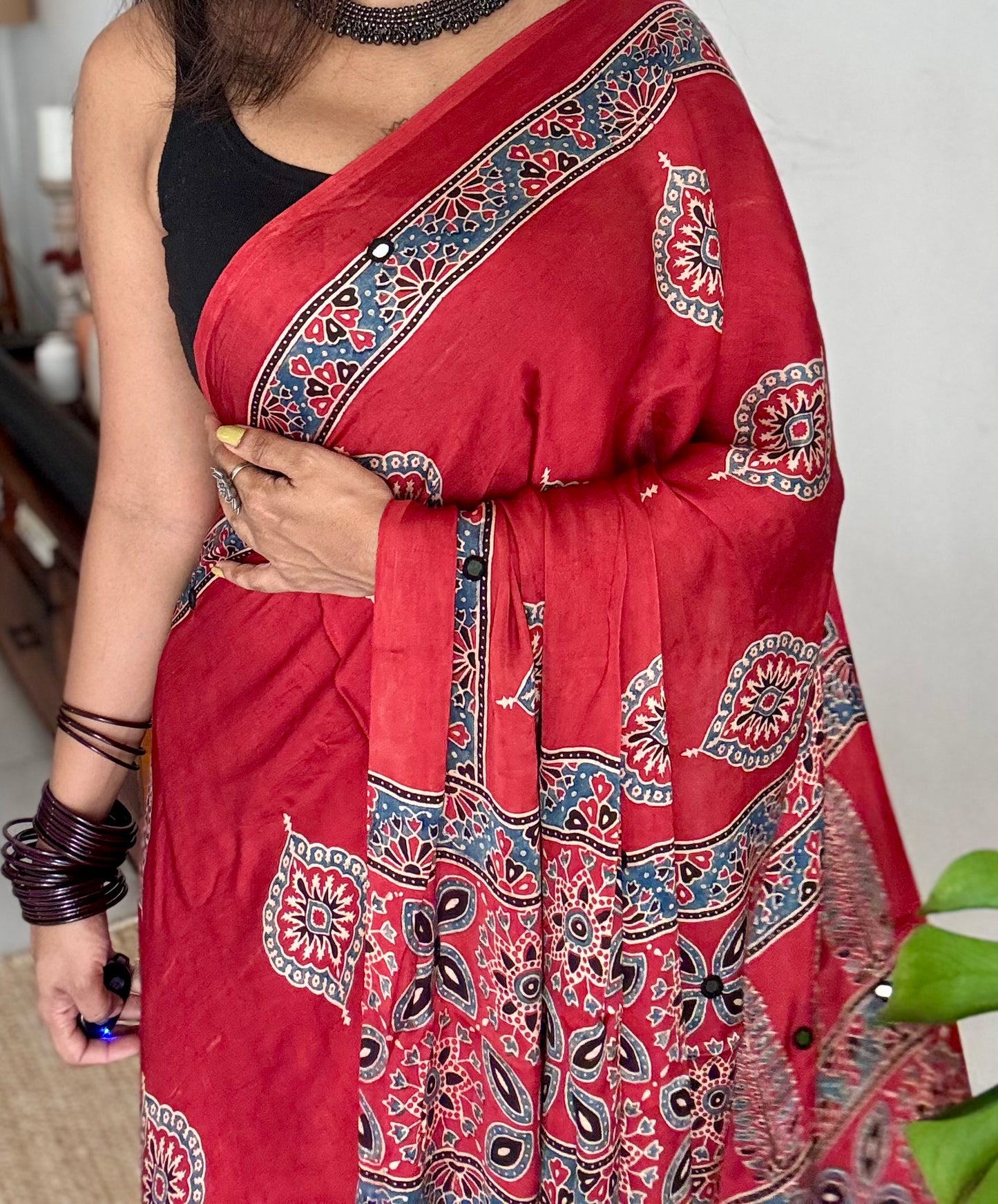 Red pure modal silk saree with ajrakh handblock print and mirror work - YCTOKAJM338