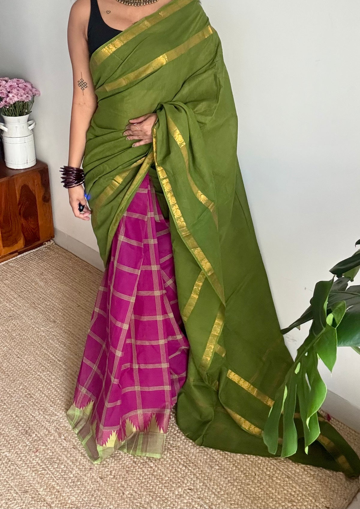 Green with multicoloured checks, sungudi and chettinad cotton half and half saree - YCCOTNIDOC148