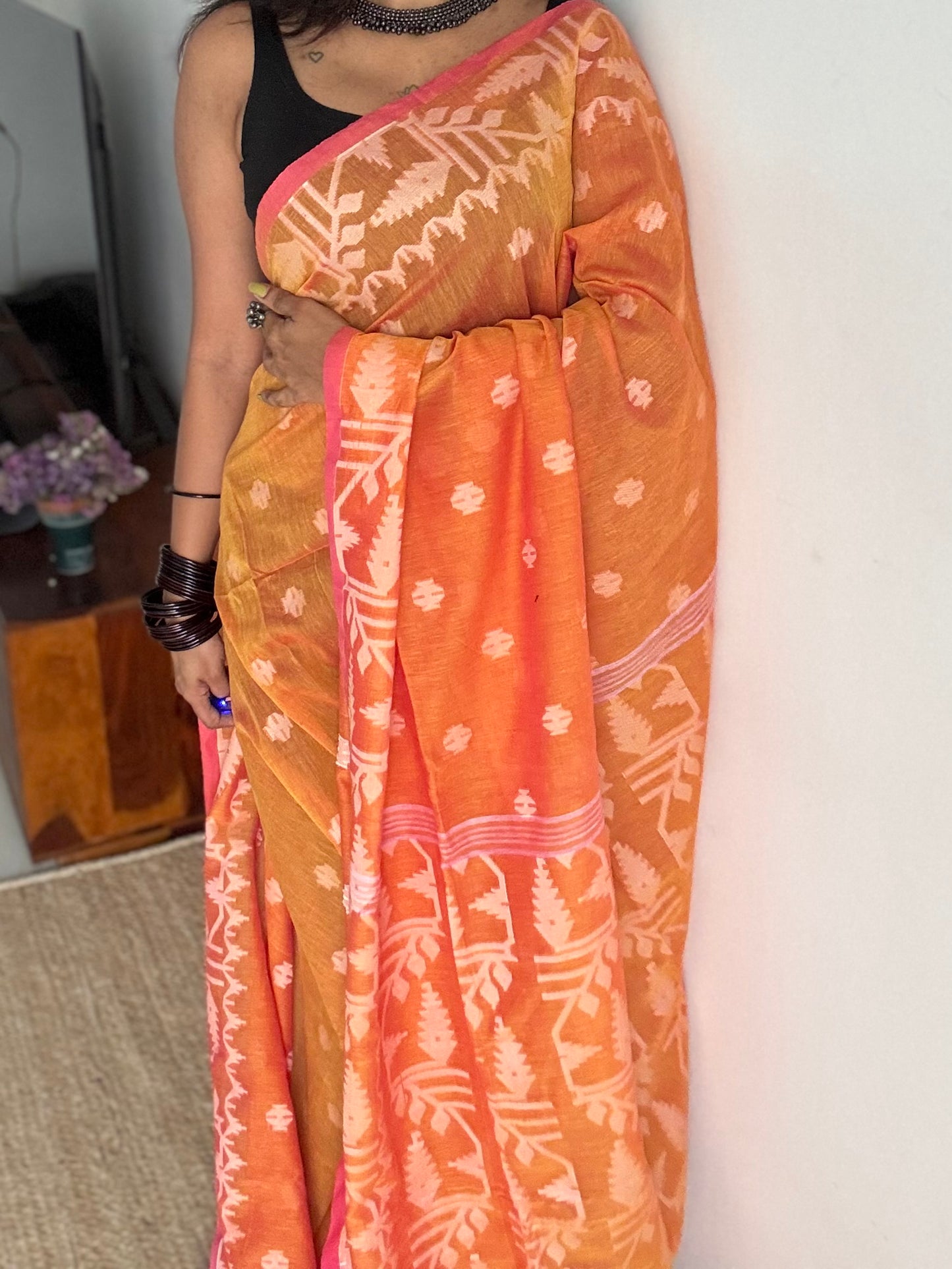 Orange pink double tone jamdani in soft cotton - YCBCKJJA140