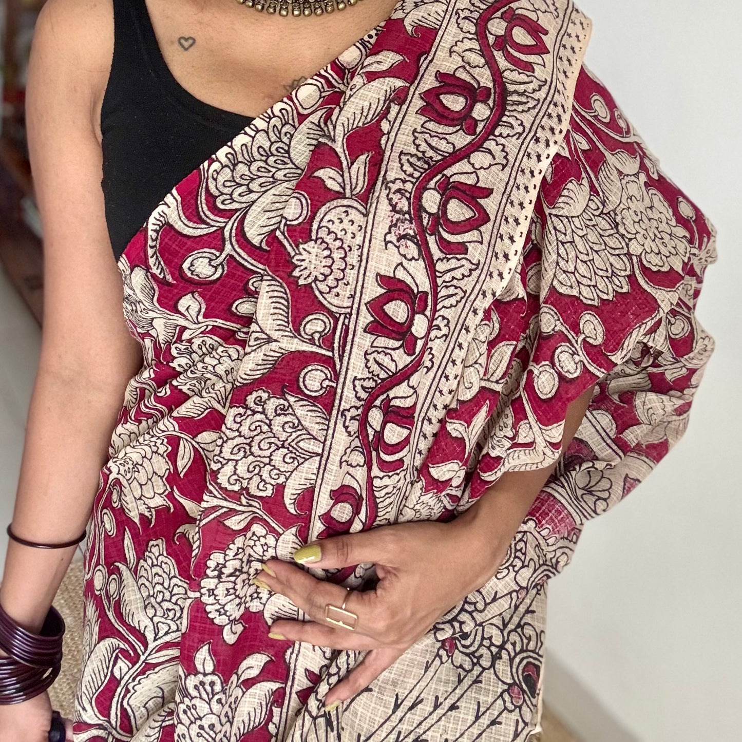 Crimson floral kalamkari saree in kota - YCWOTDMA354