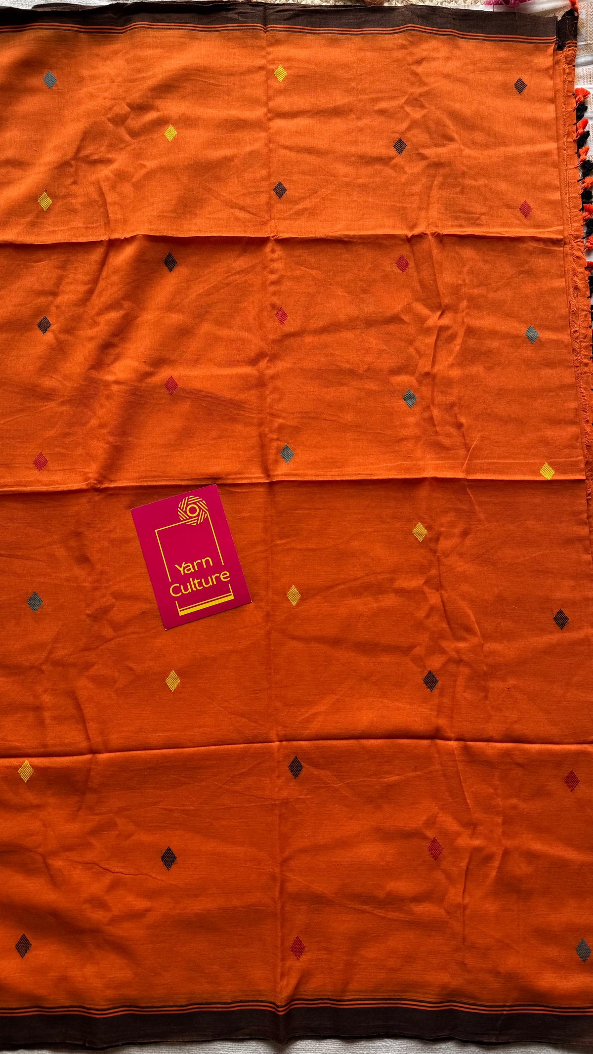 Handloom Bengal soft cotton saree, orange with woven buttas and brown borders - YCBCMCSE36