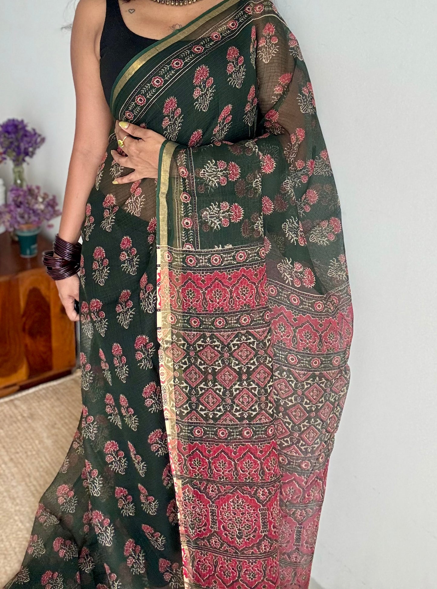 Mirchi Mix - dark green with red floral kota doria saree, with gold zari border - YCTORKDJU28
