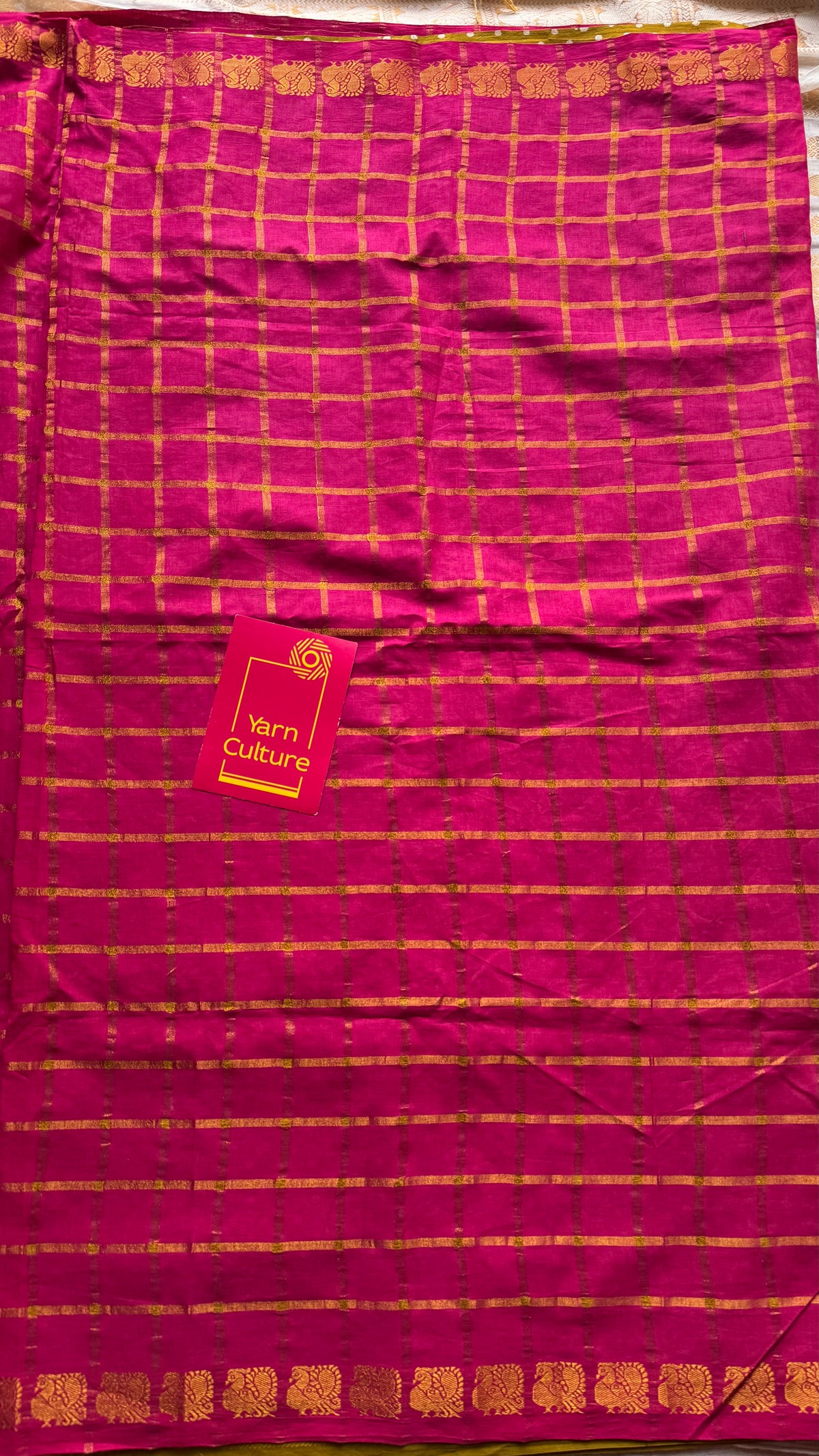 Mehendi green with hot pink, sungudi cotton half-half saree - YCCOTNIDOC19