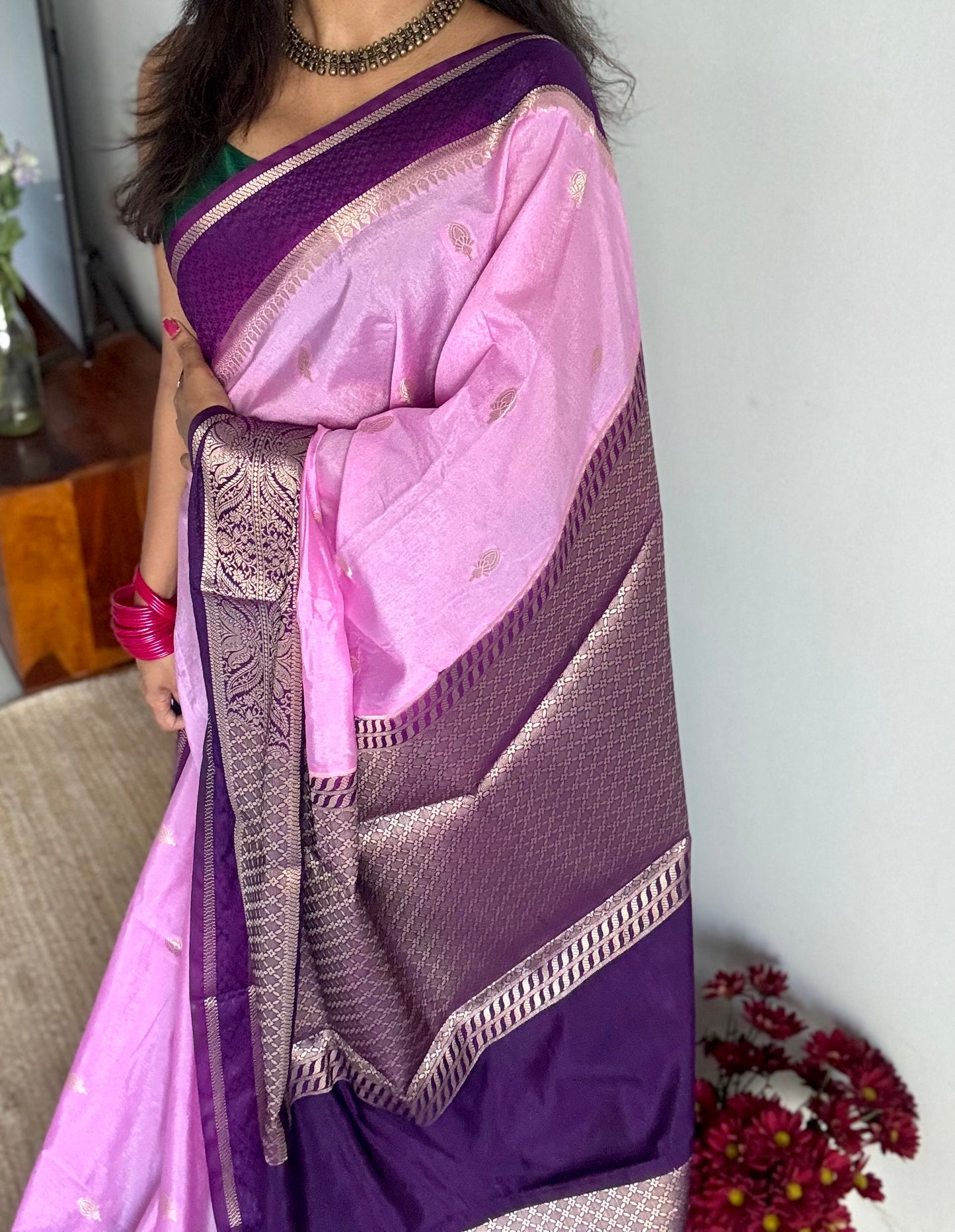 Pink with purple border, Banarasi semi-silk - YCDESE04