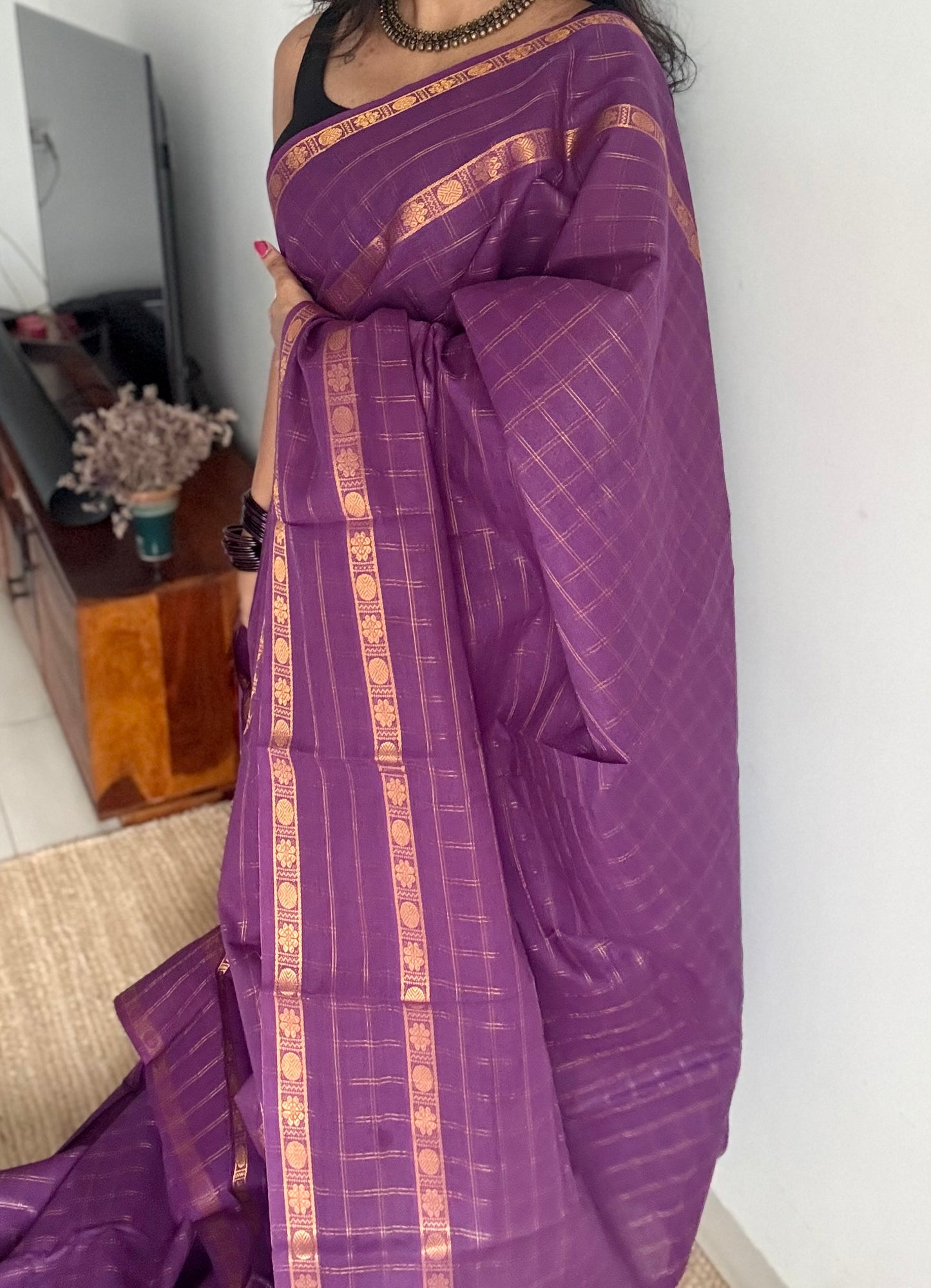 Purple adayar gold zari kattam, sungudi cotton - YCCOTNOCSC49