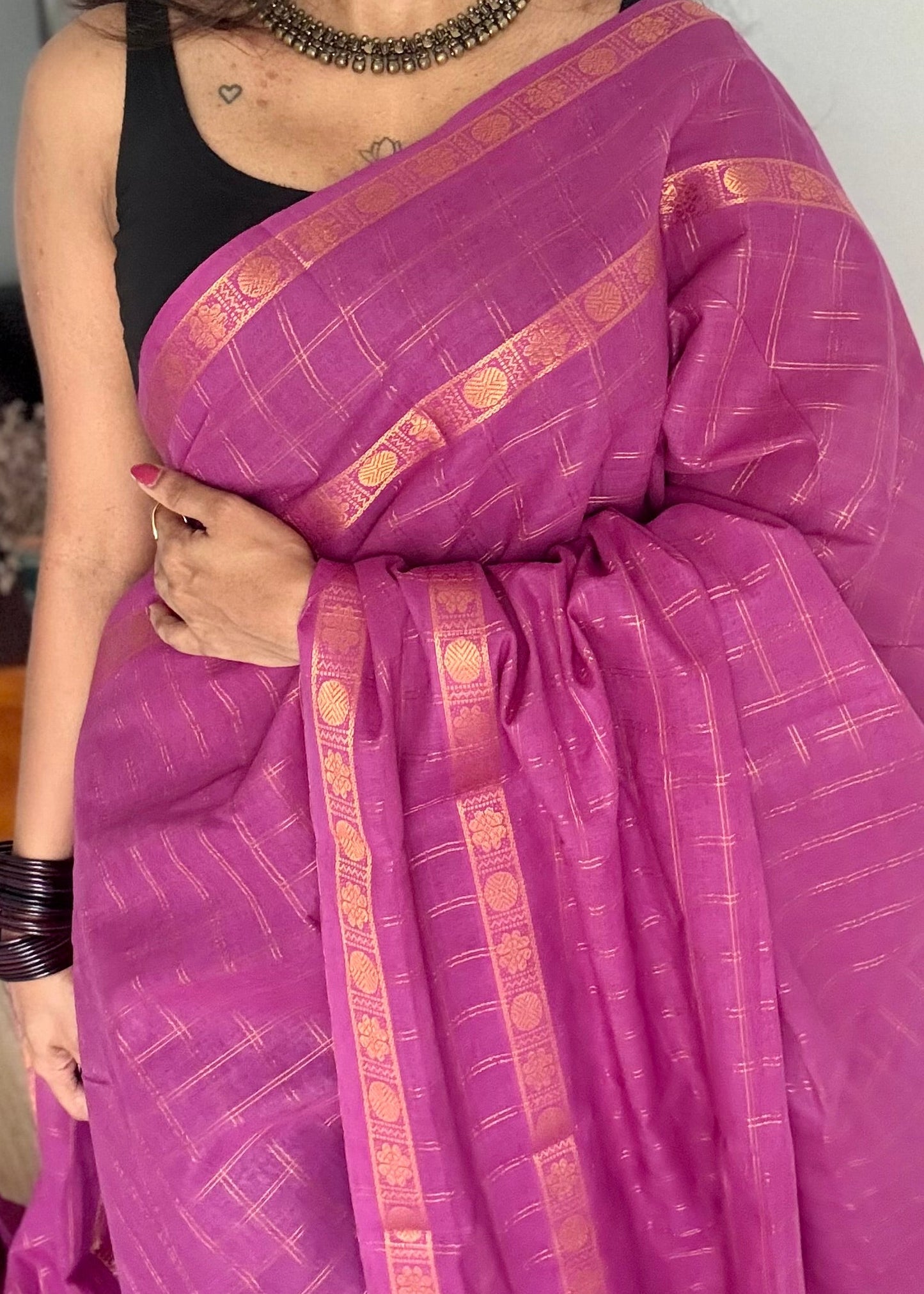 Purple pink adayar gold zari kattam, sungudi cotton - YCCOTNOCSC51