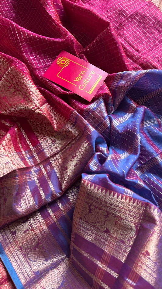 Dark berry pink with blue silver zari checks, silver and gold peacock woven zari border, mangalgiri silk cotton, handwoven, soft, light weight - YCWOTDMSCOC124
